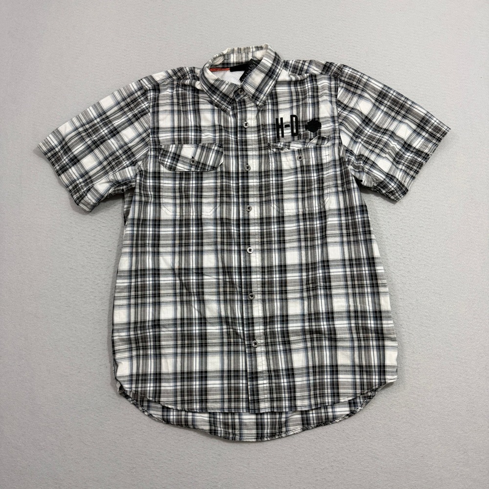 Harley-Davidson Button Up Shirt Large Black Plaid H-D Performance Short Sleeve